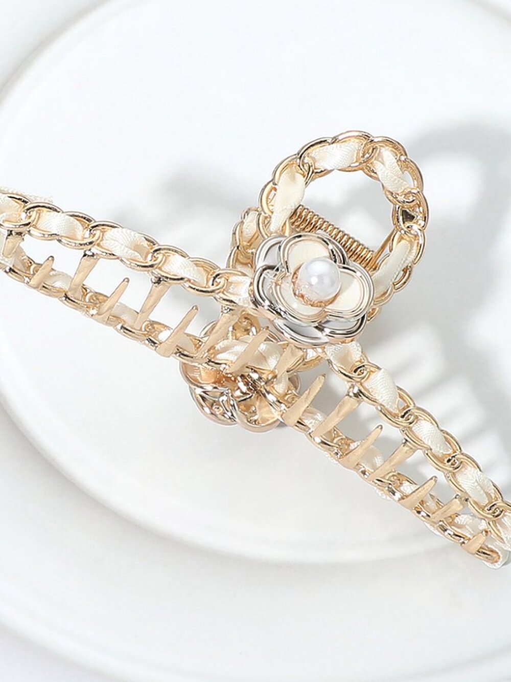 Floral Accent Chain Hair Claw Clip with Faux Pearl Center - White